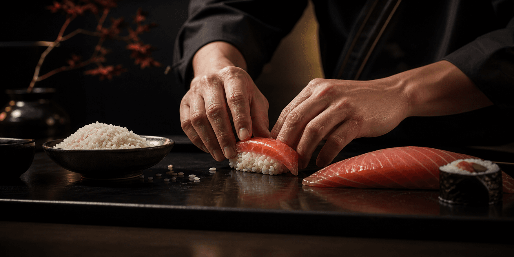 Mains de chef préparant un nigiri saumon sur comptoir sombre