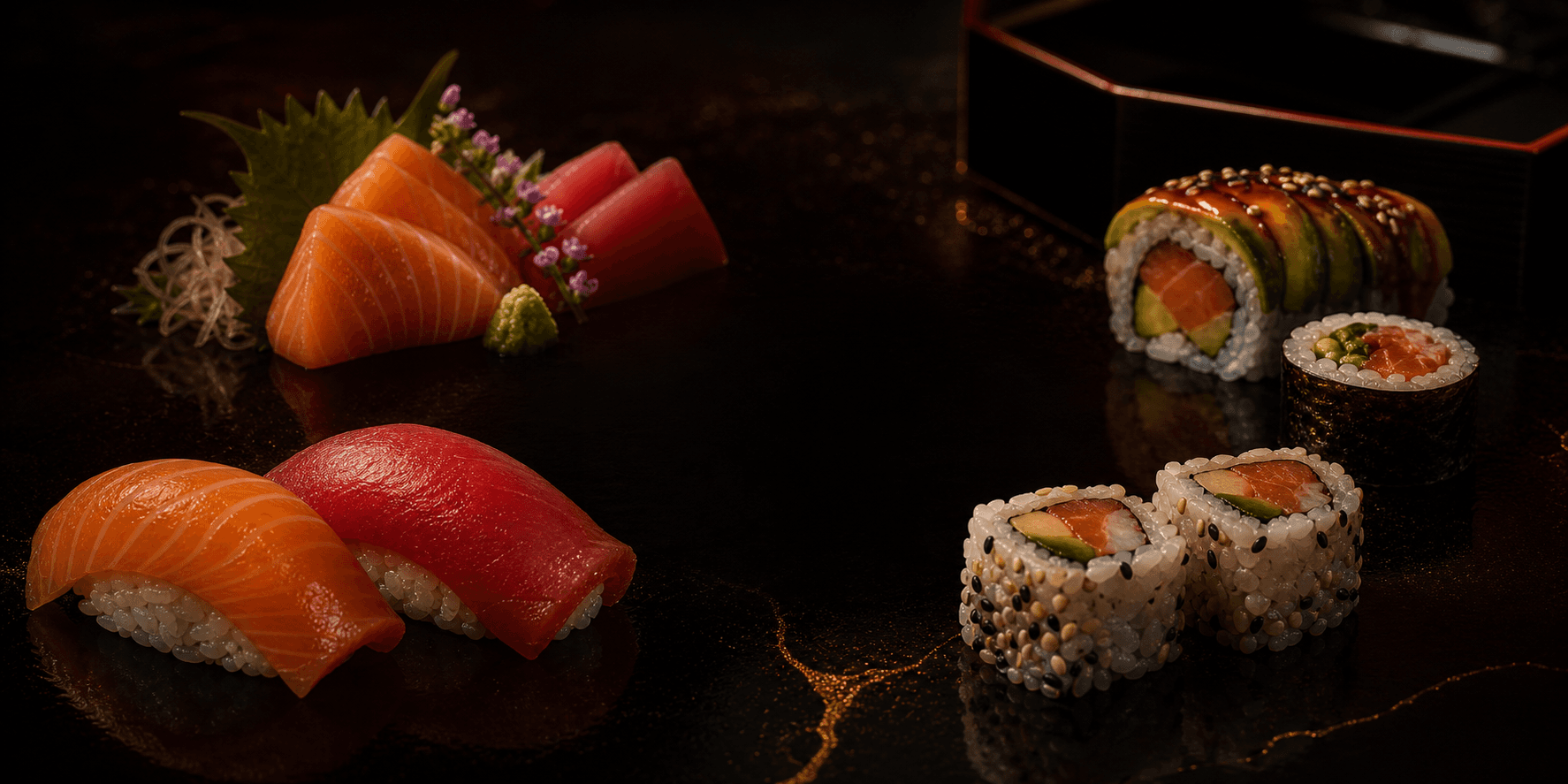 Sélection élégante de nigiri, sashimi et maki sur comptoir sombre