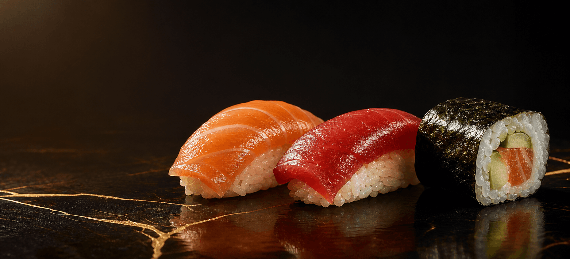 Nigiri saumon, nigiri thon et maki signature sur surface sombre